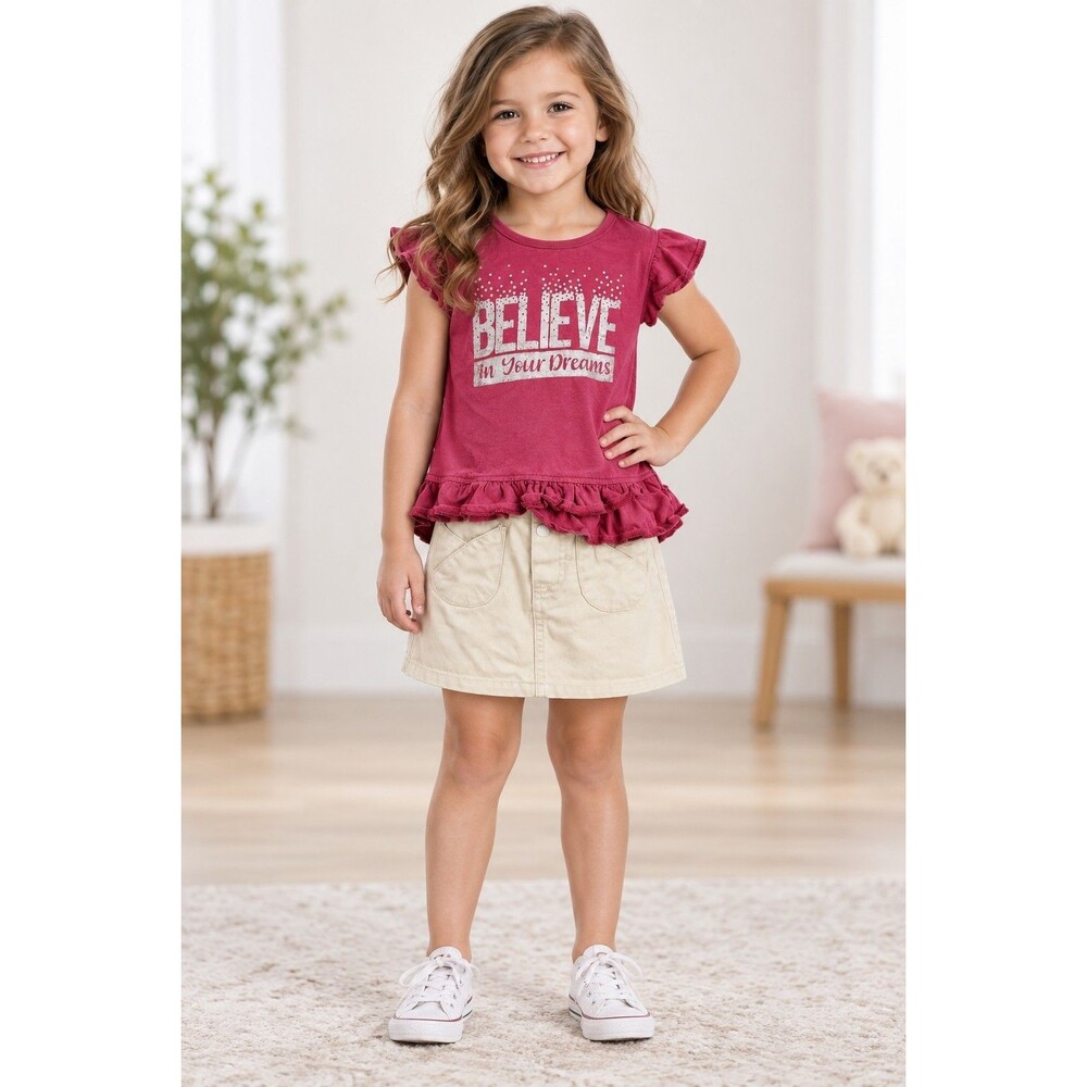 Girls 2-Piece Outfit “Believe in Your Dreams” Ruffle Top & Cream Khaki Skirt Set